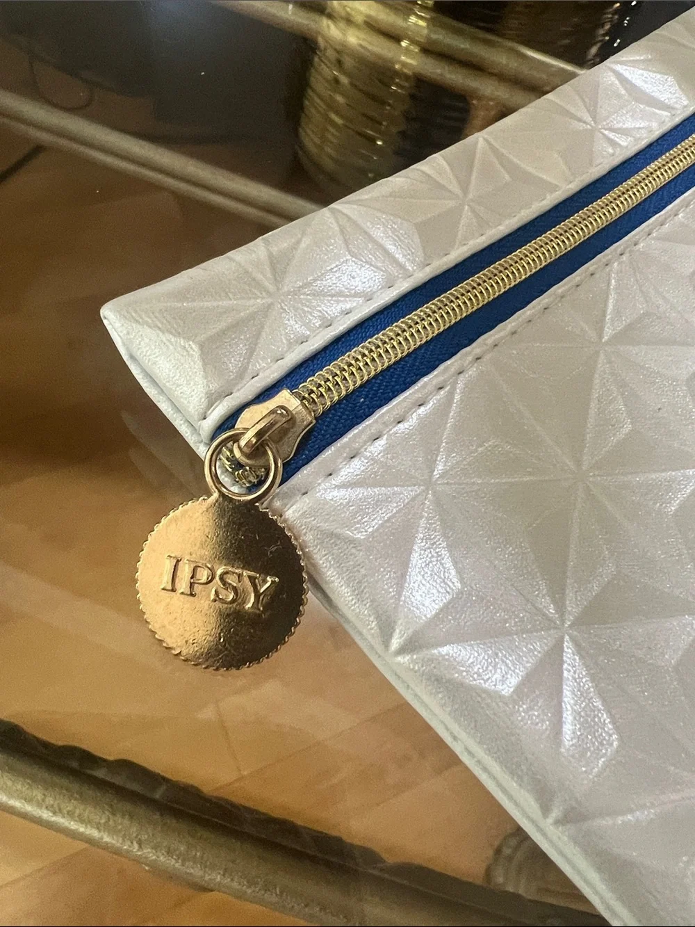 ipsy White Geometric Cosmetic Pouch with Blue Trim and Gold Pull